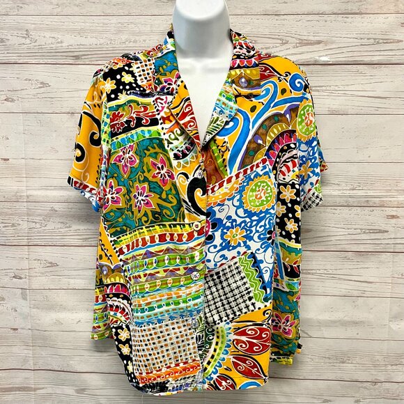 Jams World Boho Patch Short Sleeve Button Up Shirt - Picture 1 of 6